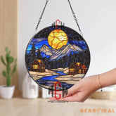 Moonlit Mountain Cabin Stained Glass Suncatcher Winter Forest Window Art Cozy Night Lodge Glass Decor Rustic Nature